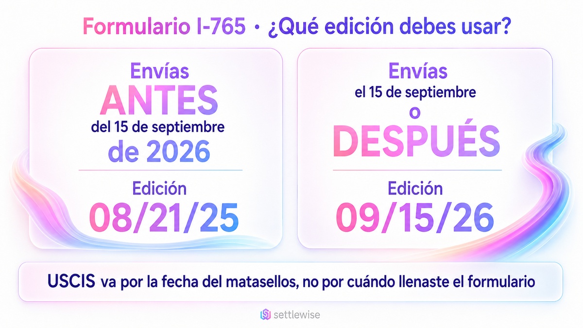 Formulario I-765: usa la edición 08/21/25 si envías antes del 15 de septiembre de 2026, y la edición 09/15/26 si envías ese día o después